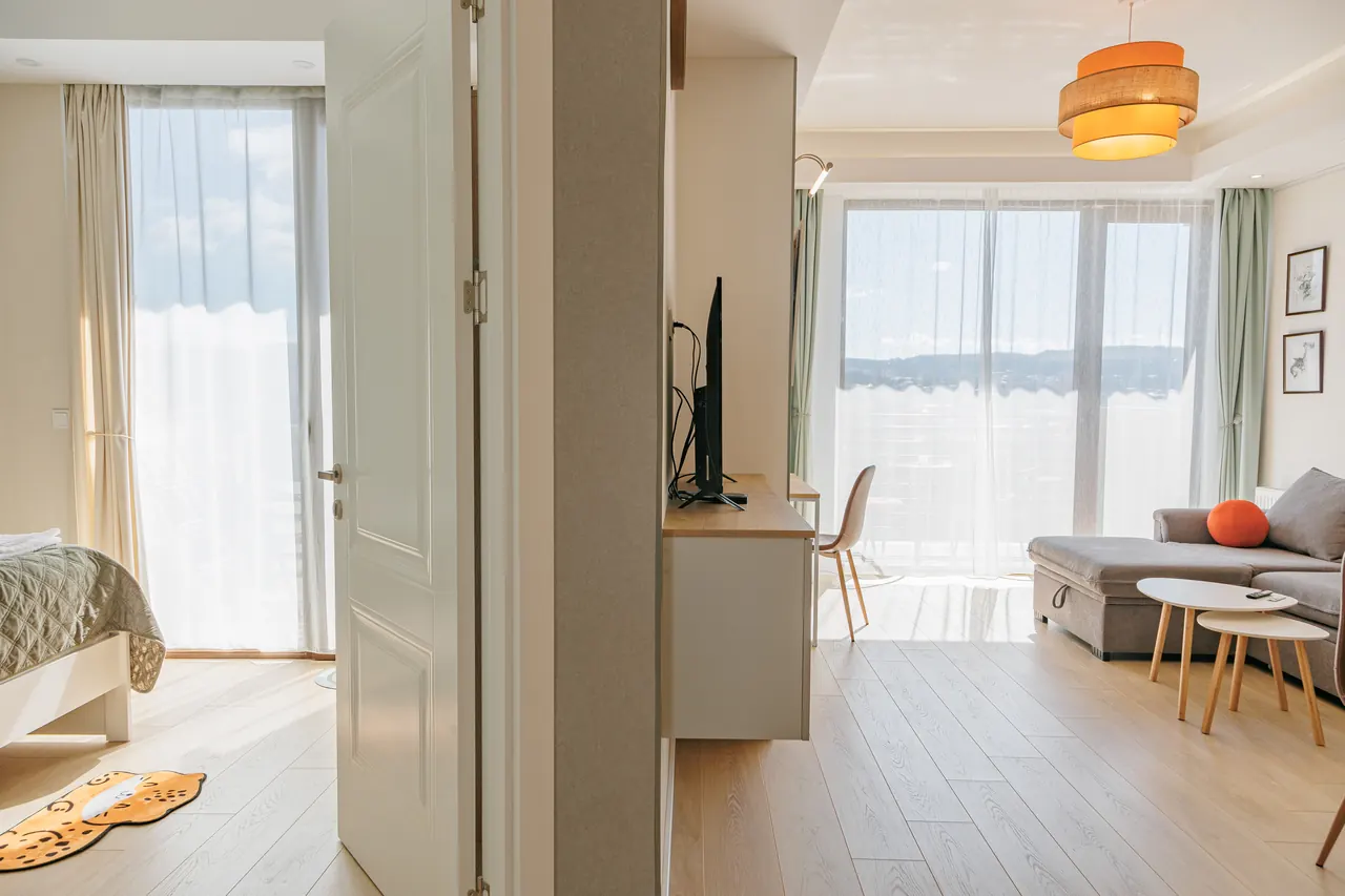 View showing the relationship between the separate bedroom and living room