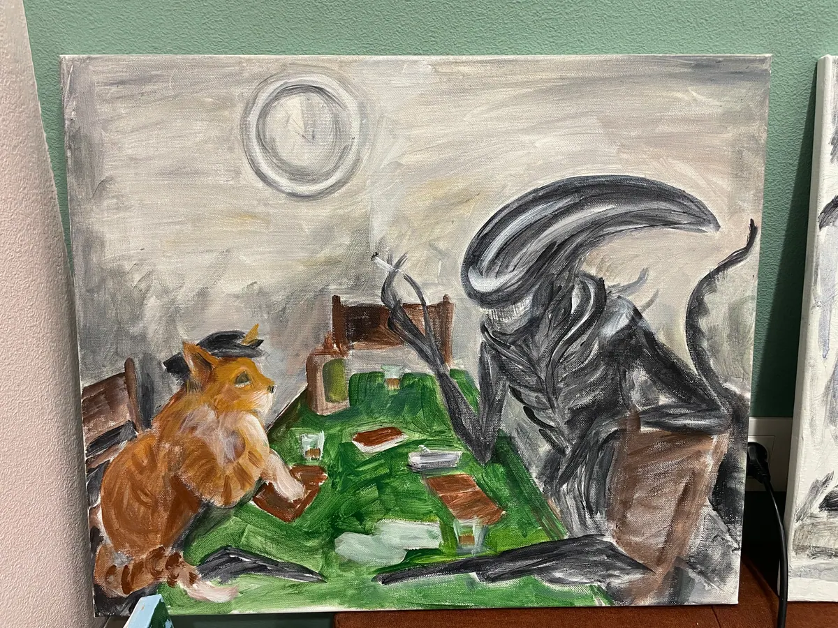 Painting in progress showing cats at a table