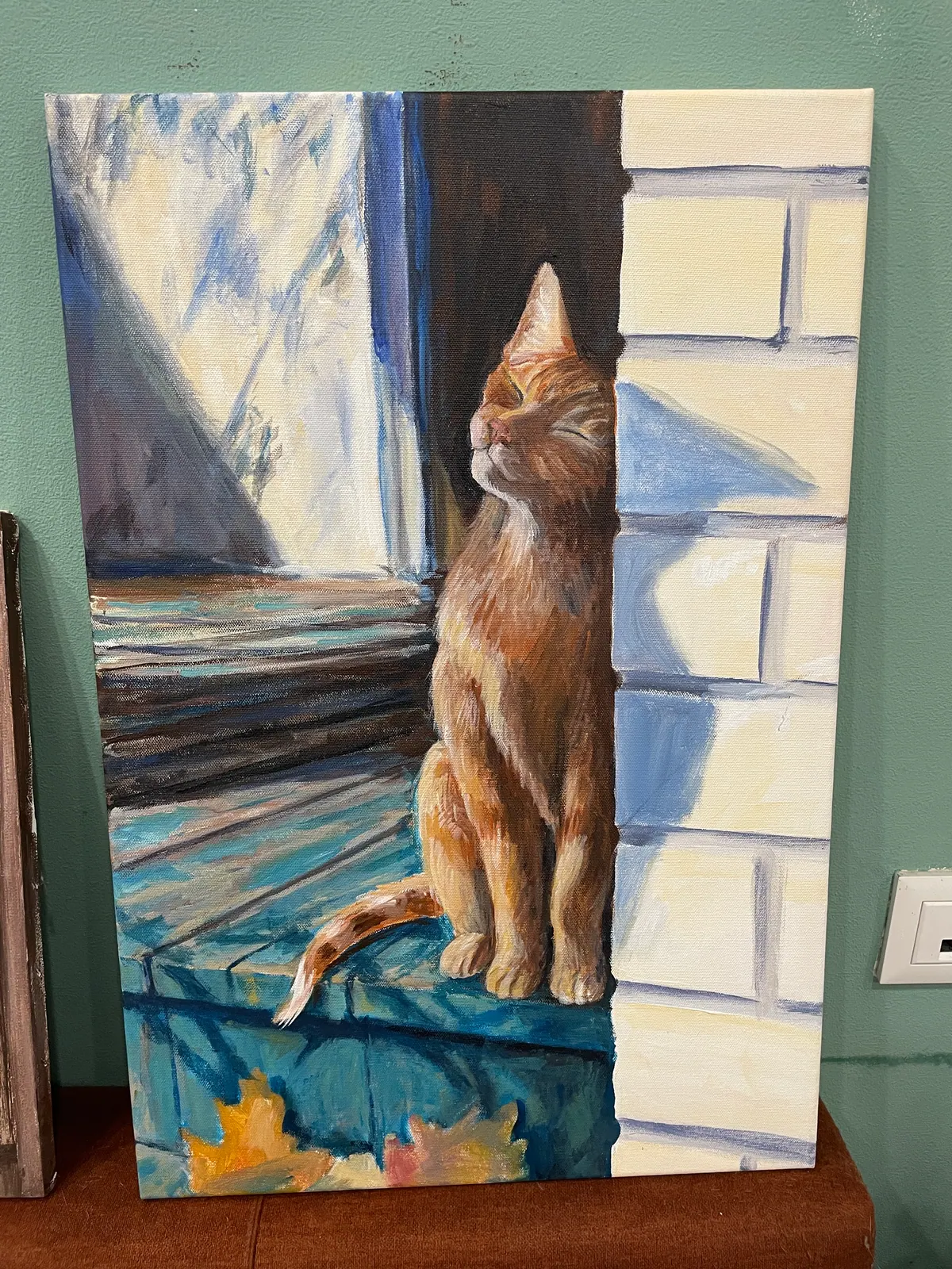 Vertical painting in progress showing a cat near a window