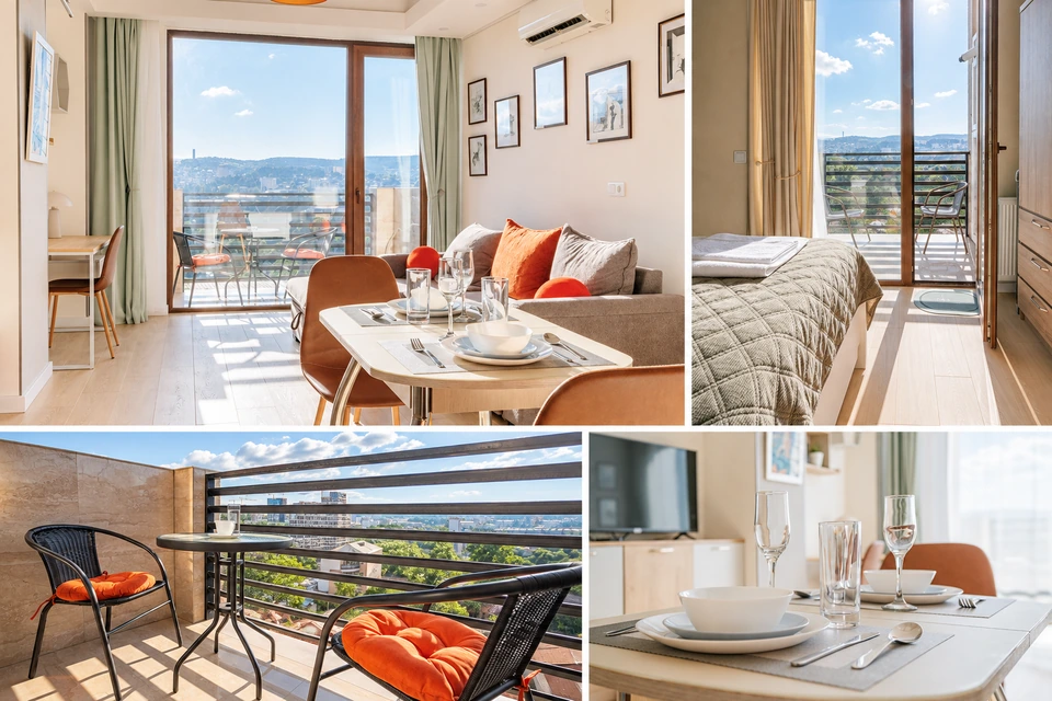 Orange Cat apartment in Tbilisi: living room, bedroom, balcony and dining area